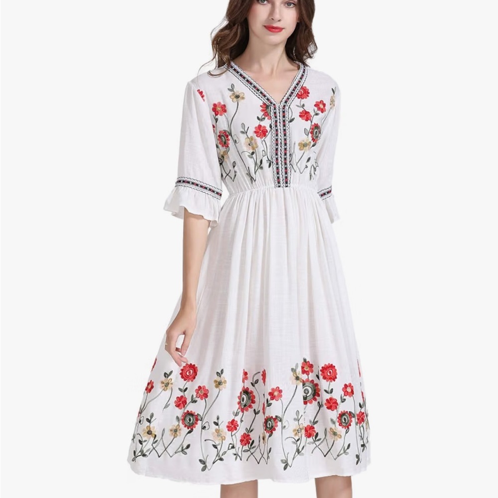 White Midi Dress with Red Floral Embroidery